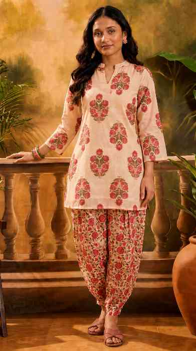 Women's Linen Floral Print Summer Wear Straight Short Kurti With farshi Salwar Set 